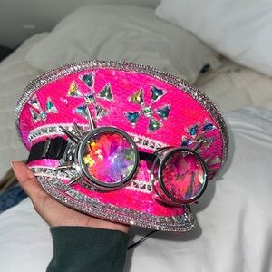 Rave Captain Hat (Pink and Silver Embellished Hat with Goggles)
